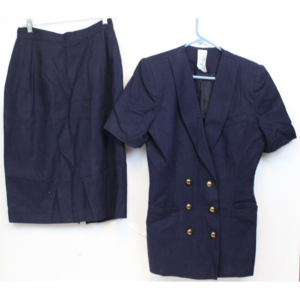 VTG 90s SBS Collection Navy Blue Silk Skirt Suit sz 12 Women Work Shoulder Pads